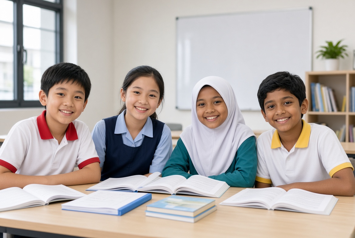 Primary students from different schools in an English class
